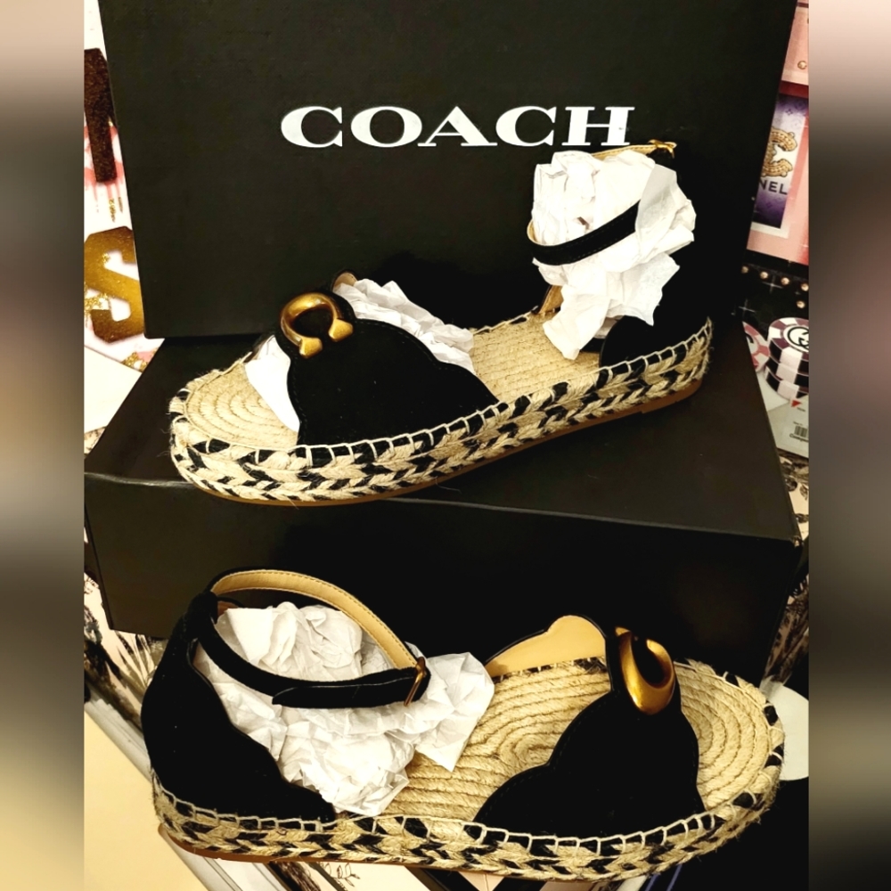 COACH Dillon Black Suede Espad Flatform Sandals NWB Sz 6